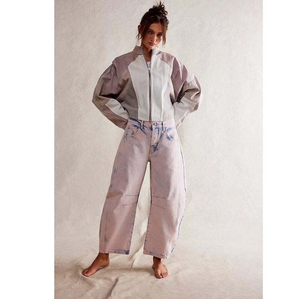 We The Free Lucky You Mid Rise Barrel Jeans Pink Blue Acid Wash Women's 29 Short - Picture 4 of 11